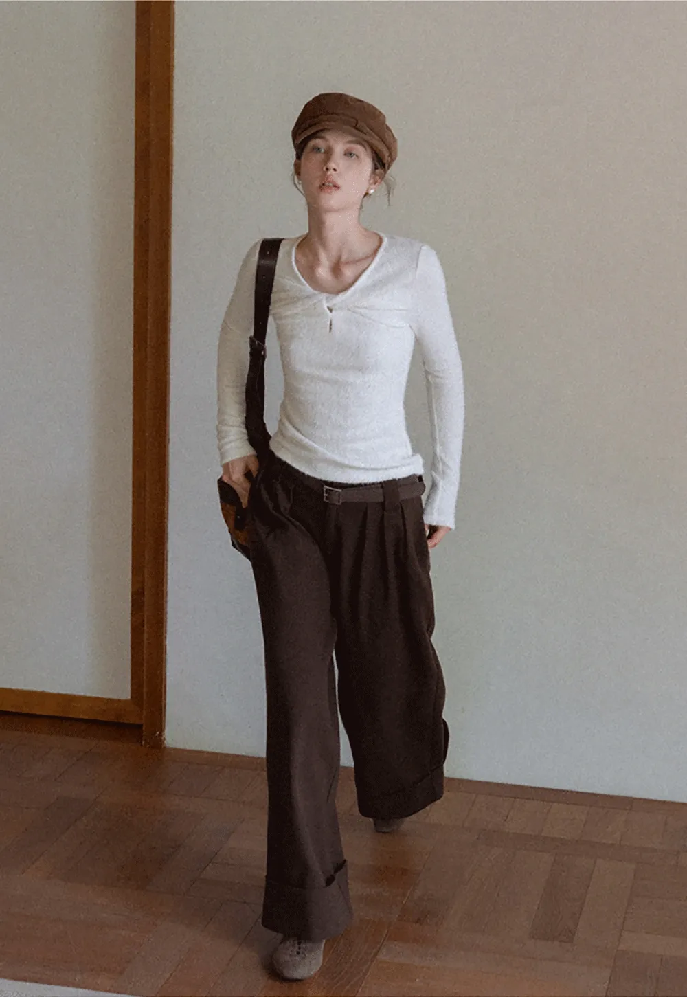 Women Soft Fluffy Knit Top Twist Front Long Sleeve