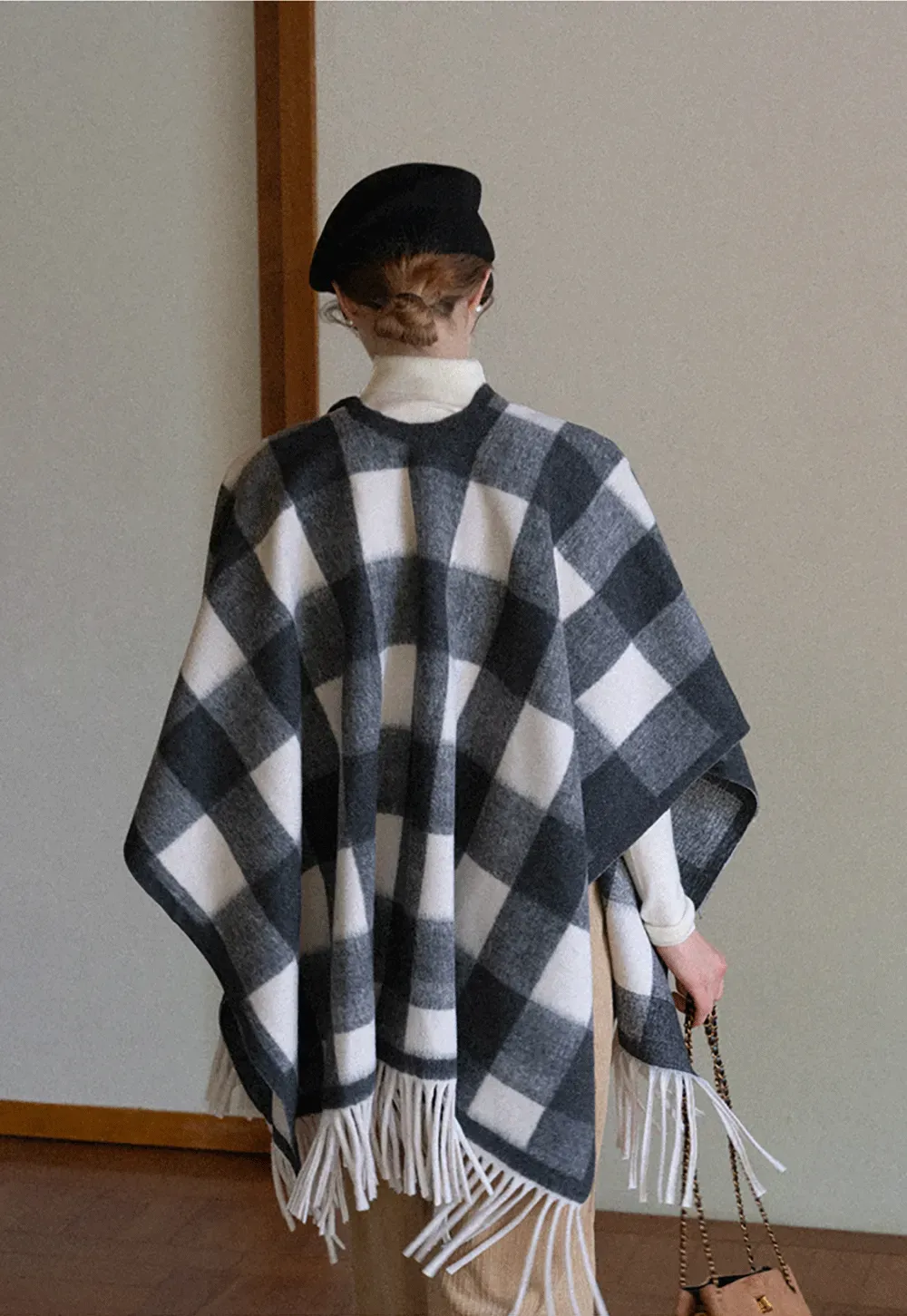 Checked Fringe Poncho