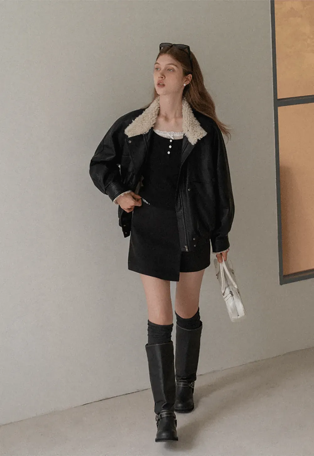 Faux Leather Jacket with Shearling Collar