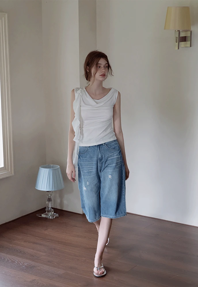 Women’s Distressed Wide-Leg Denim Bermuda Shorts