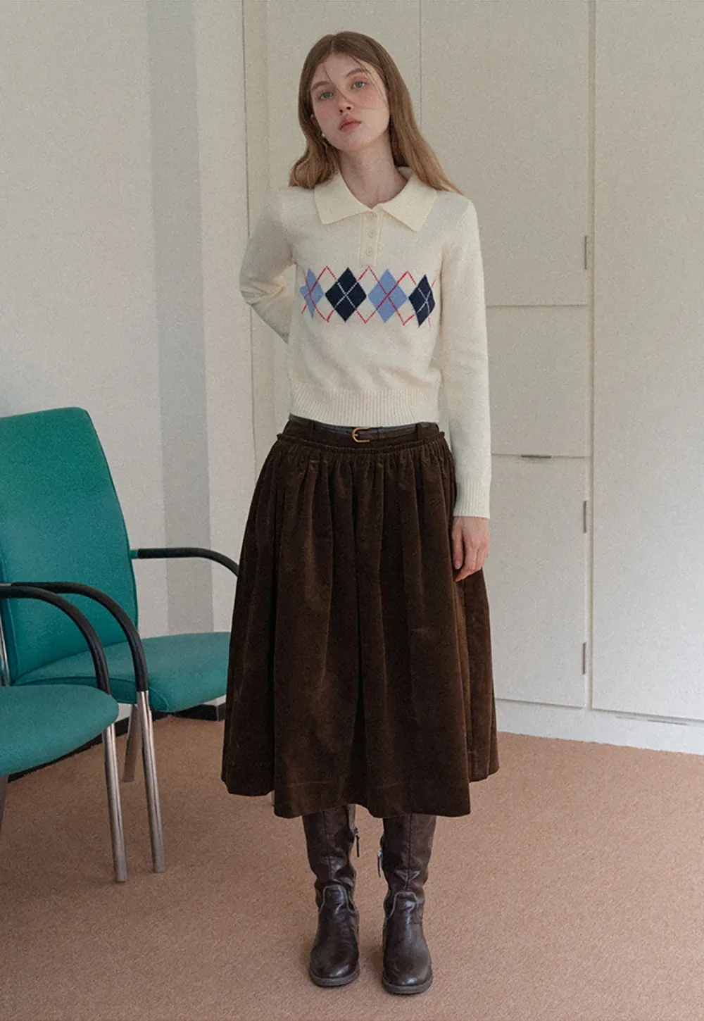 Women Argyle Knit Sweater Collared Long Sleeve Top