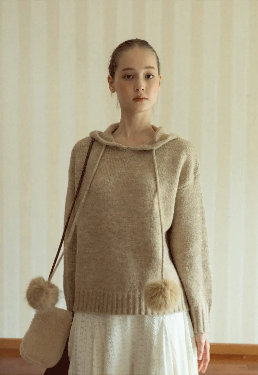 Pom-Pom Hooded Knit Sweater