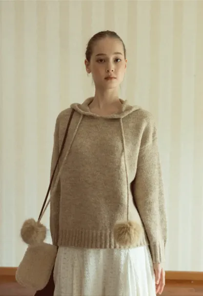 Pom-Pom Hooded Knit Sweater