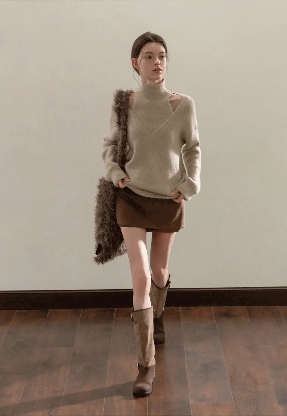 Cut-Out Layered Turtleneck Sweater