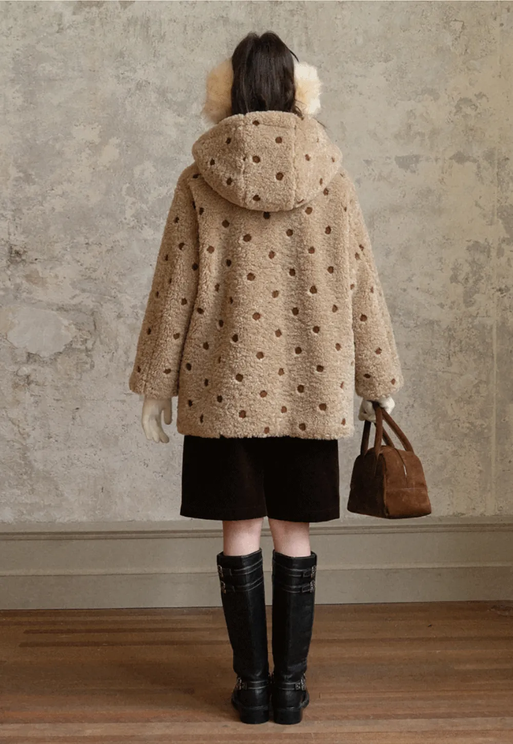 Polka Dot Teddy Fleece Hooded Coat