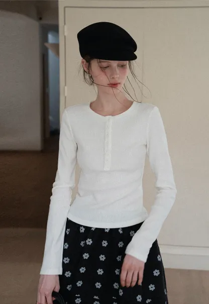 Women Soft Henley Knit Long Sleeve