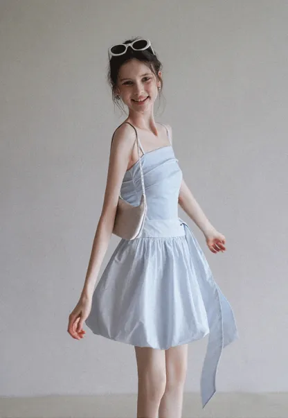 Blue Tie Waist Cami Mini Dress