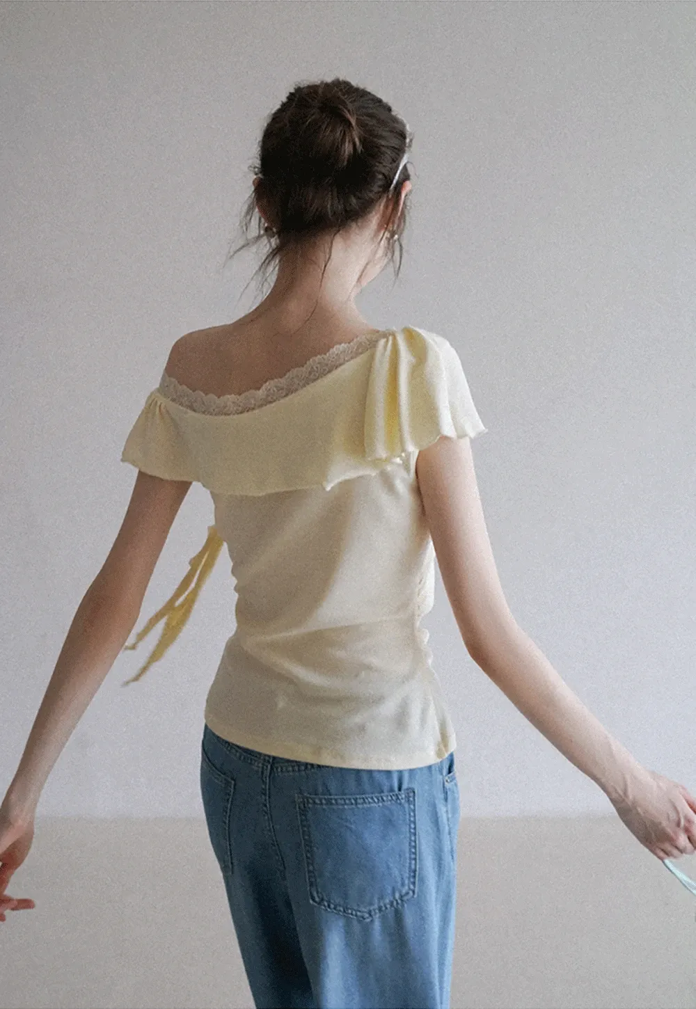 Chic Off Shoulder Ruffle Blouse with Lace Lining