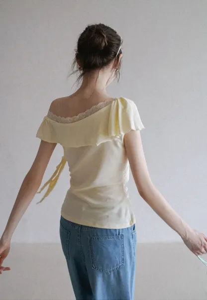 Chic Off Shoulder Ruffle Blouse with Lace Lining
