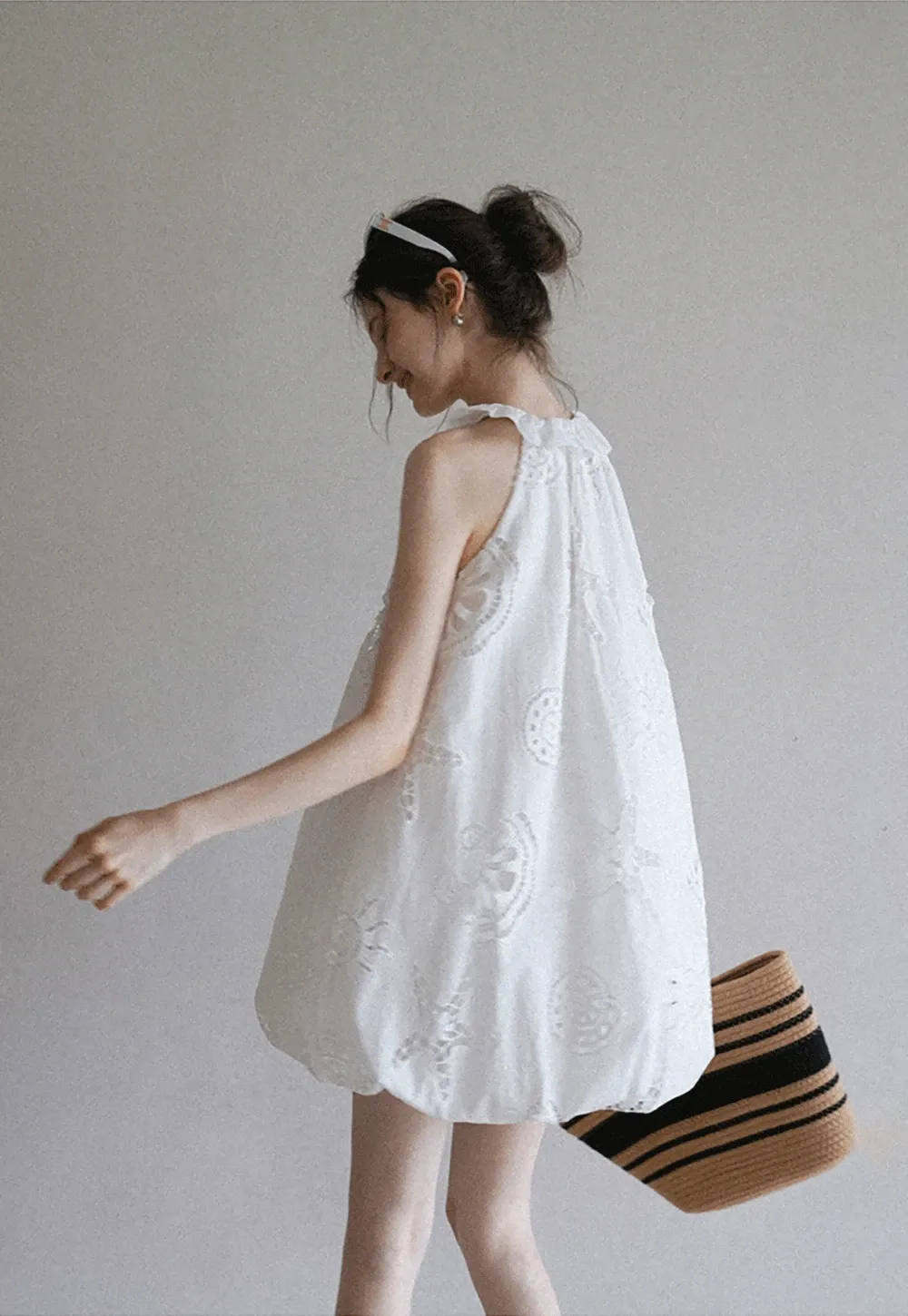 Women’s Sleeveless Eyelet Mini Dress with Ruffle Neck
