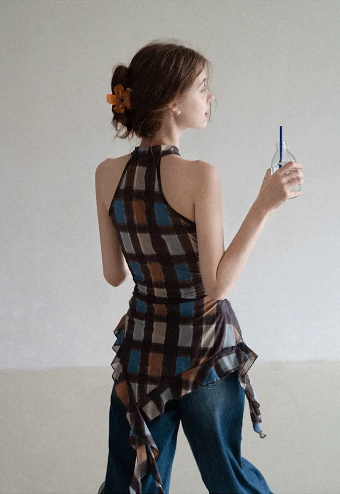 Women’s Plaid Frog-Button Handkerchief-Hem Halter Top