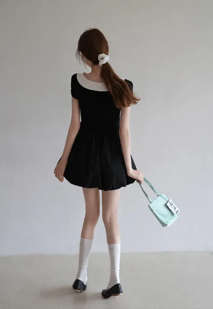 Contrast Collar Puff Sleeve Mini Dress