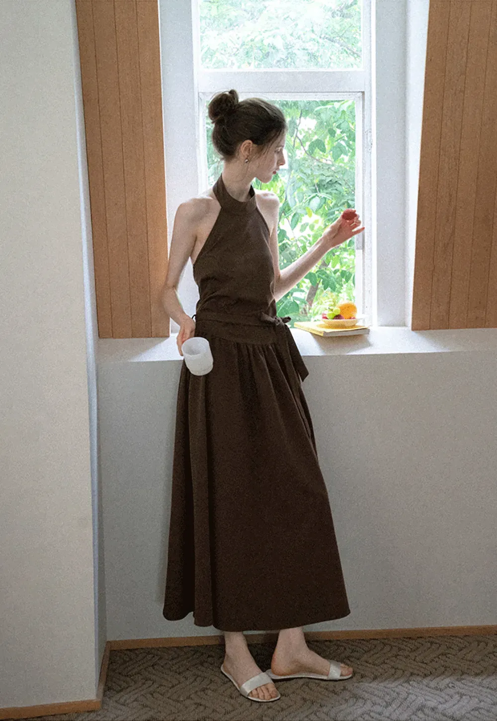 Halter Neck Midi Dress with Waist Tie
