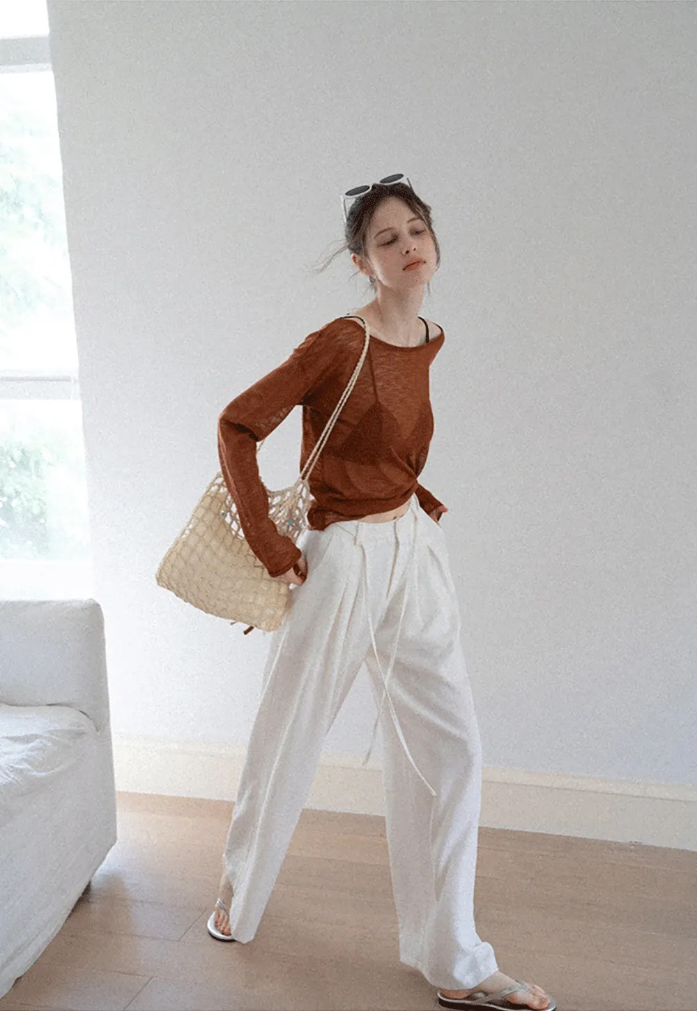 Off-Shoulder Fold-over Top + Pleated Tie-Waist Trousers