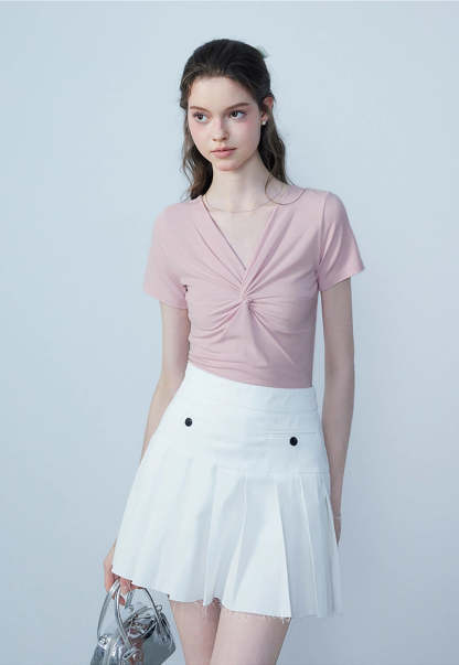 Elegant Women's V-Neck Slim Fit Knot T-Shirt - Flattering and Stylish