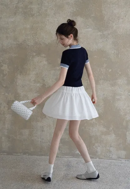 Women Drawstring Waist Layered Lace Trim Mini Skirt