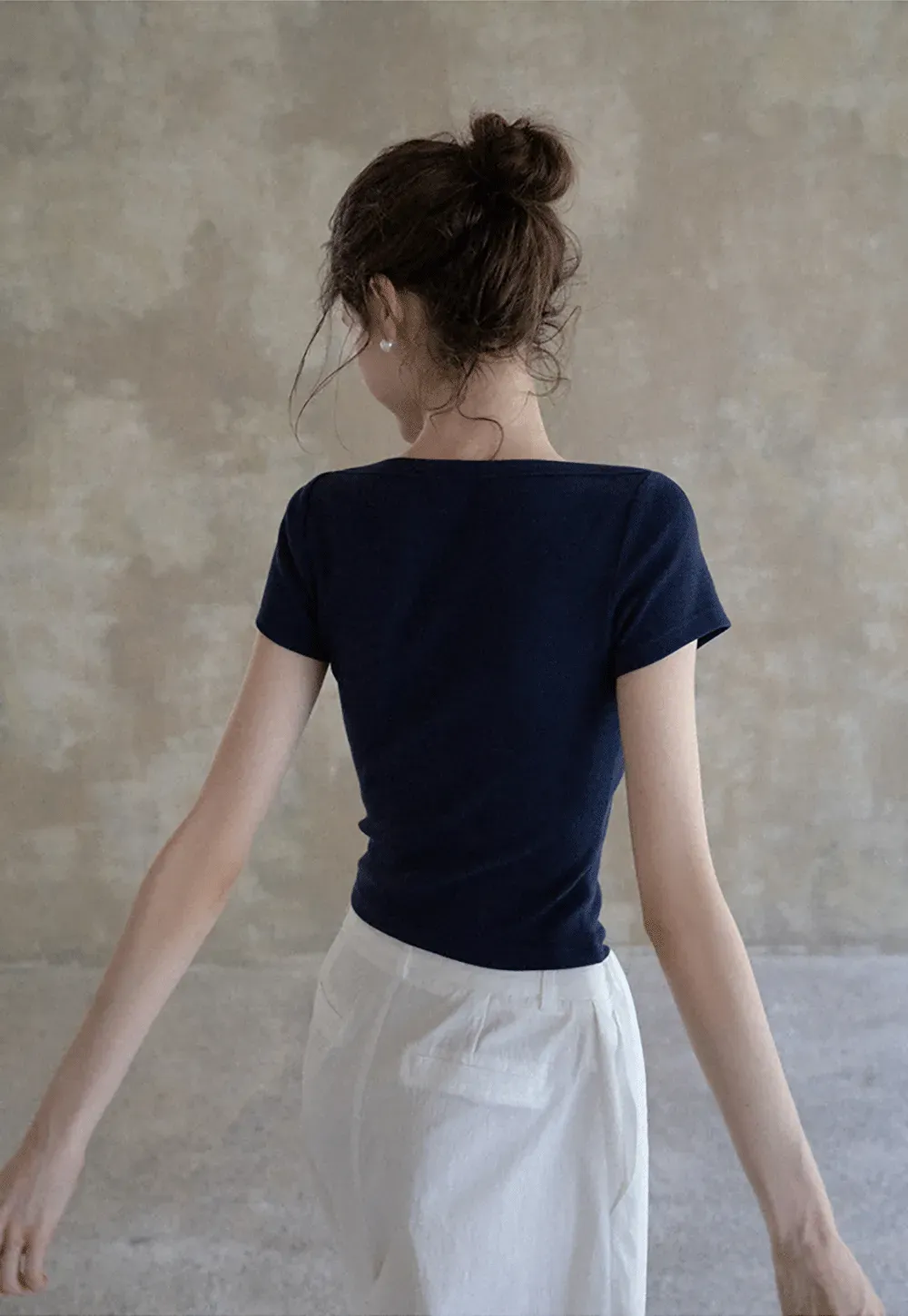 Women's Boat Neck Ribbed Tee with Embroidered Bow