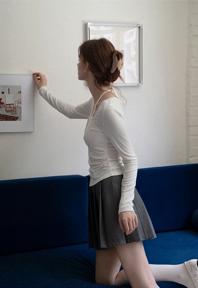 Long Sleeve Square Neck Halter Crop Top