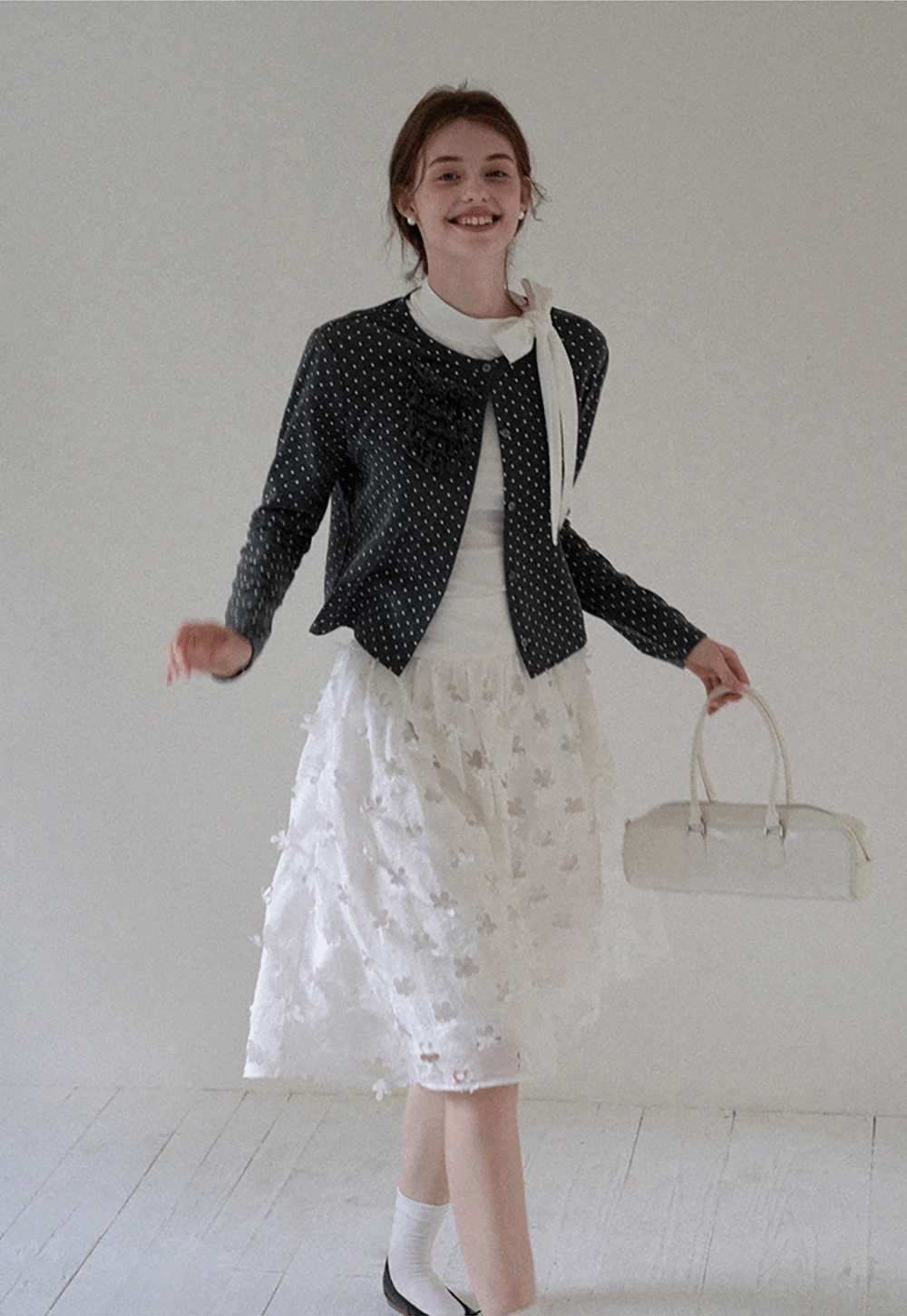 Polka Dot Ruffle Button-Up Cardigan