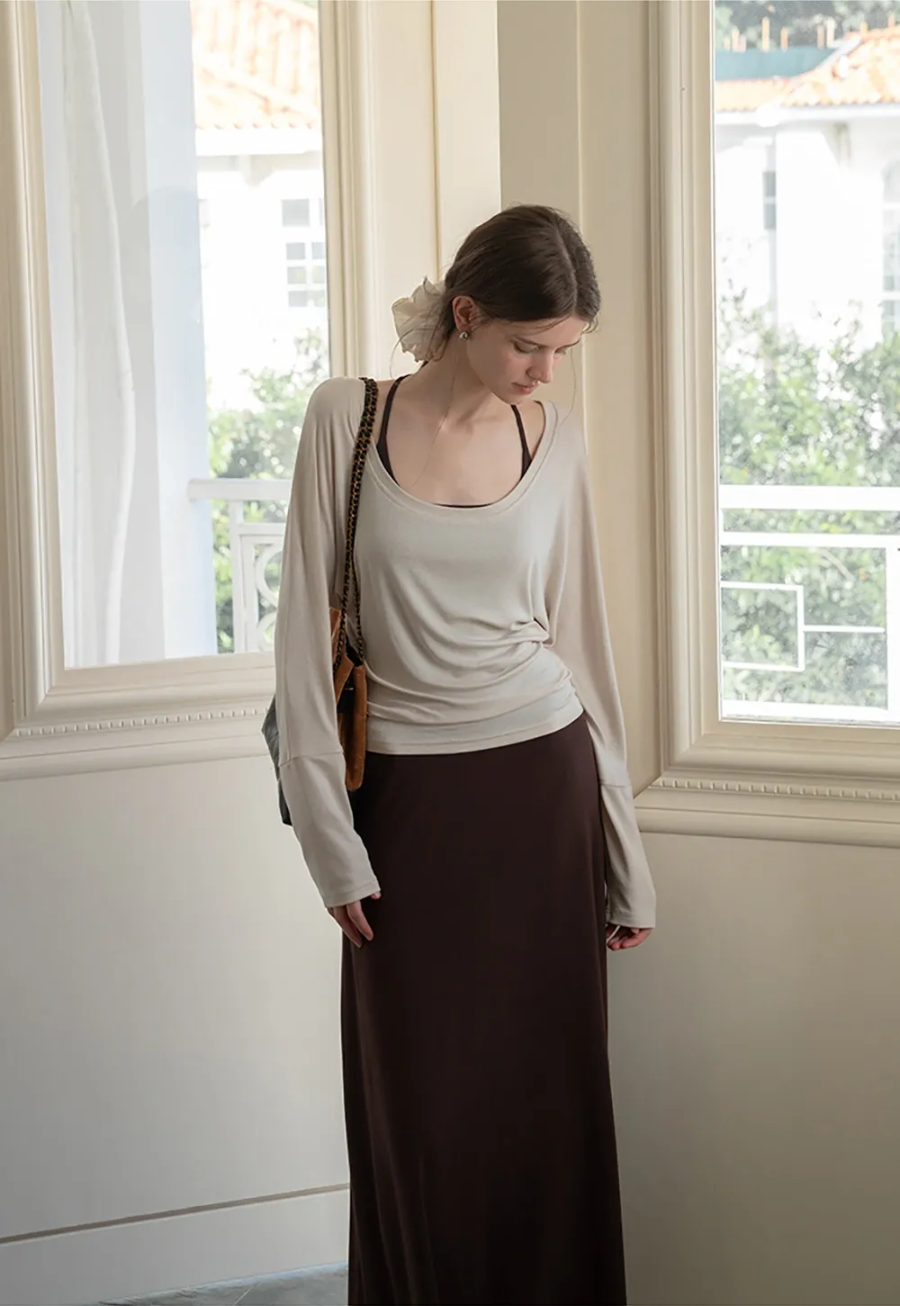 Casual Long Sleeve Top with Flowy Maxi Skirt