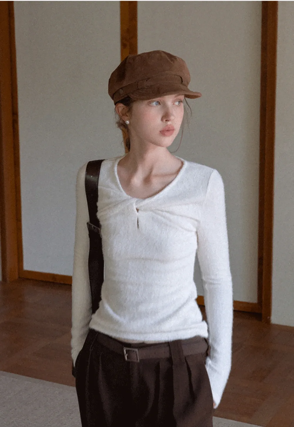 Women Soft Fluffy Knit Top Twist Front Long Sleeve