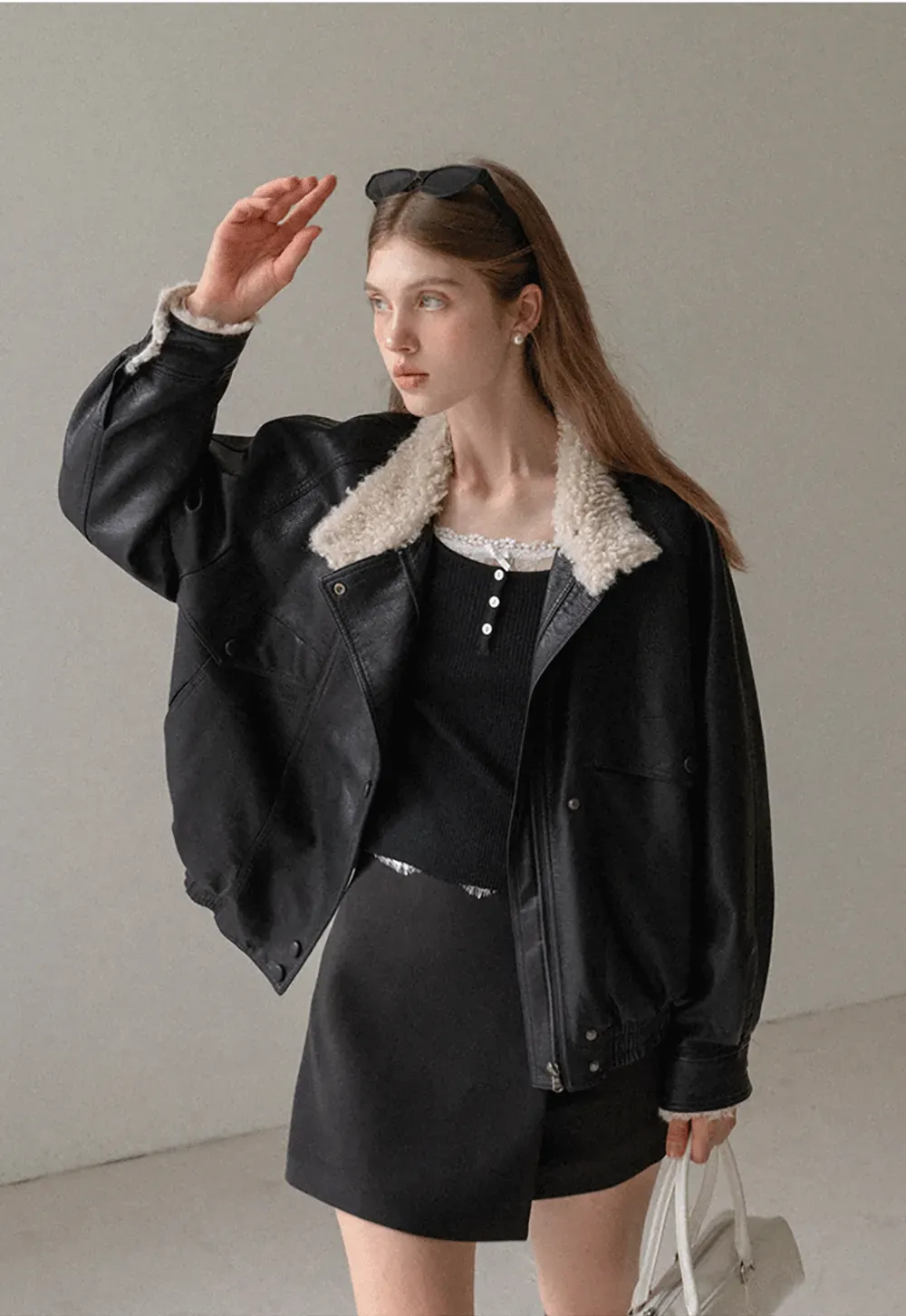 Faux Leather Jacket with Shearling Collar