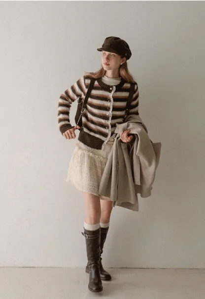 Vintage Striped Knit Cardigan for Women Casual