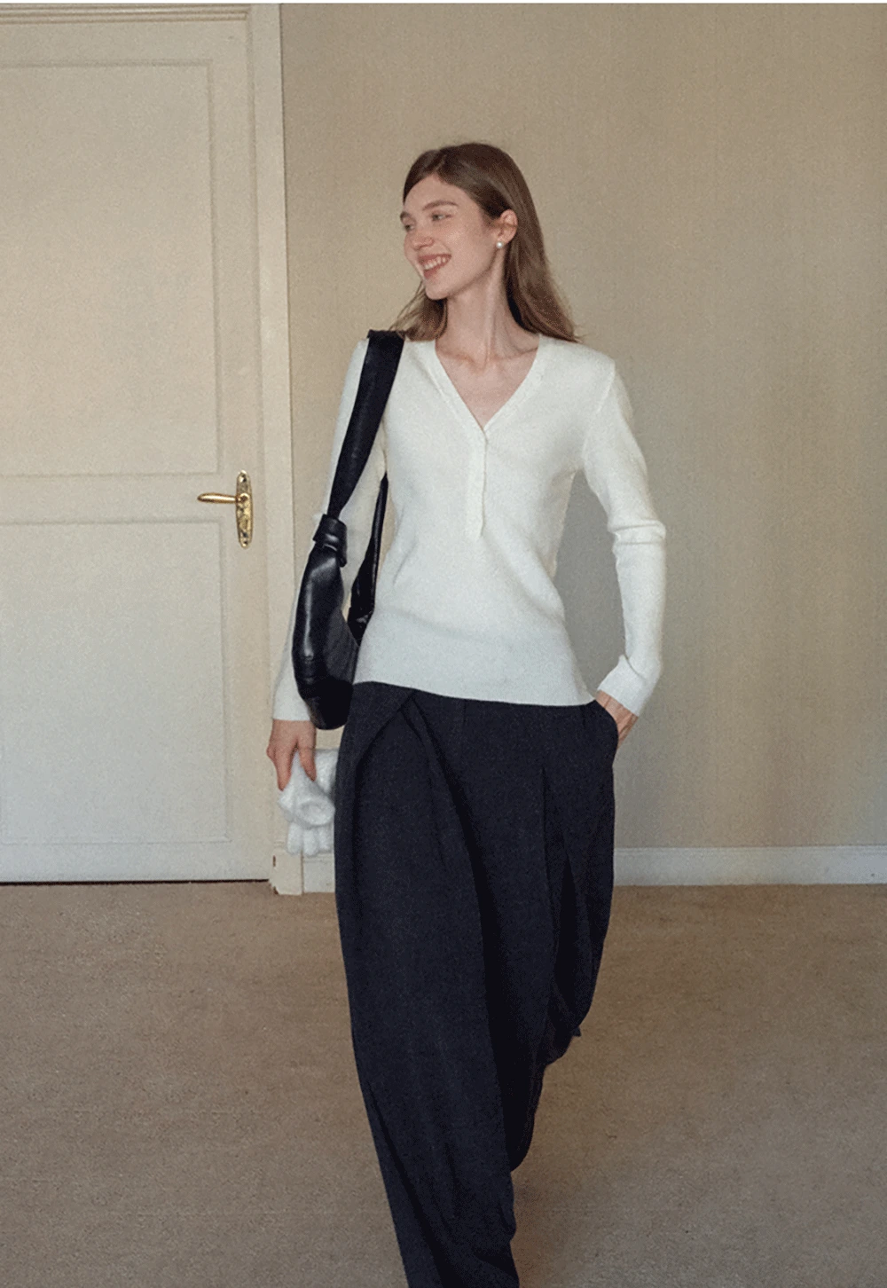 Womens Ribbed Long Sleeve V-Neck Button Top