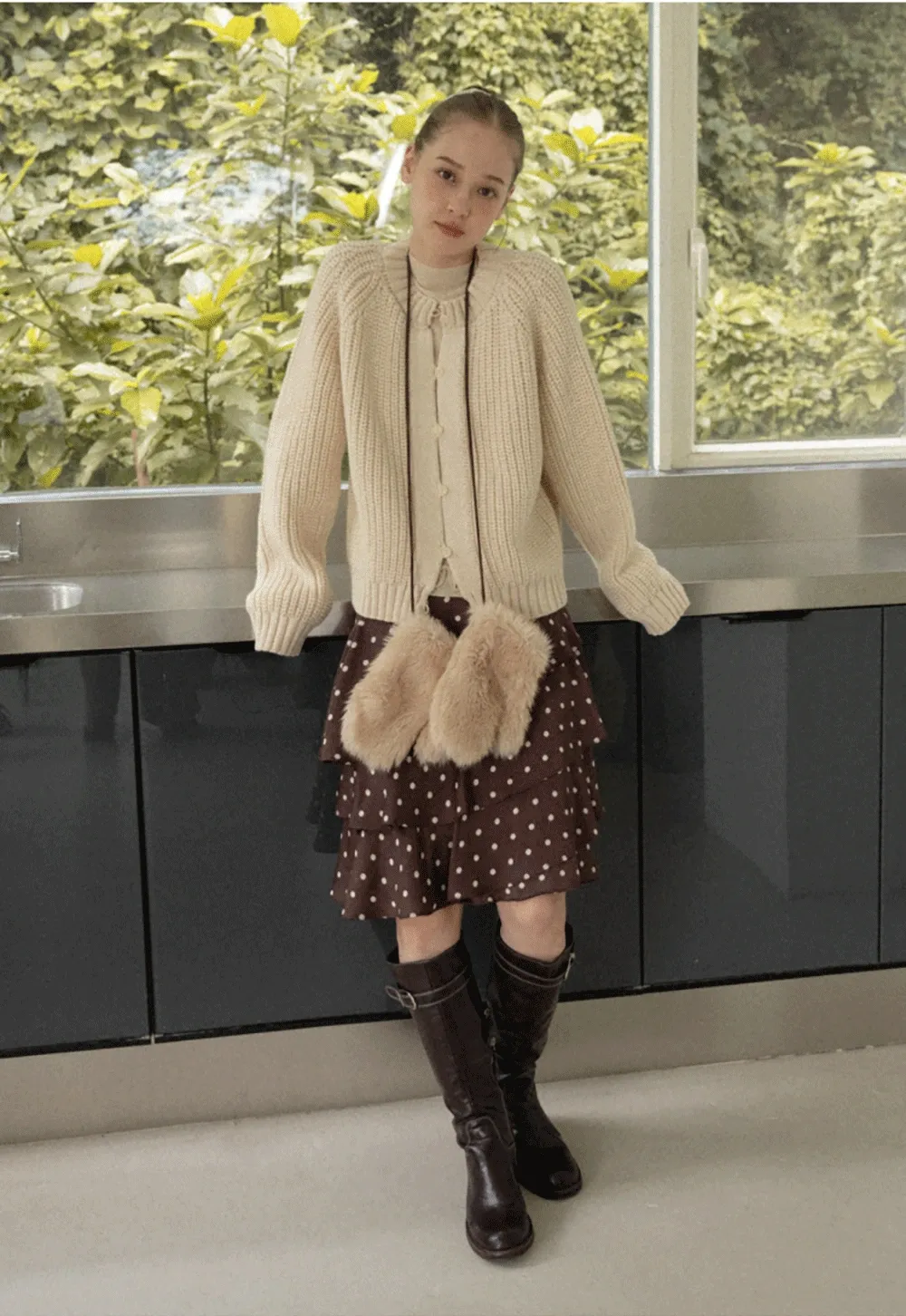 Women Brown Polka Dot Tiered Skirt