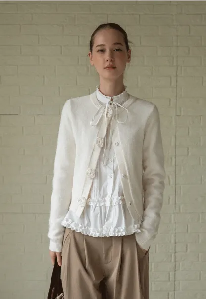 Lace Trim Ruffled Blouse with Tie Neck