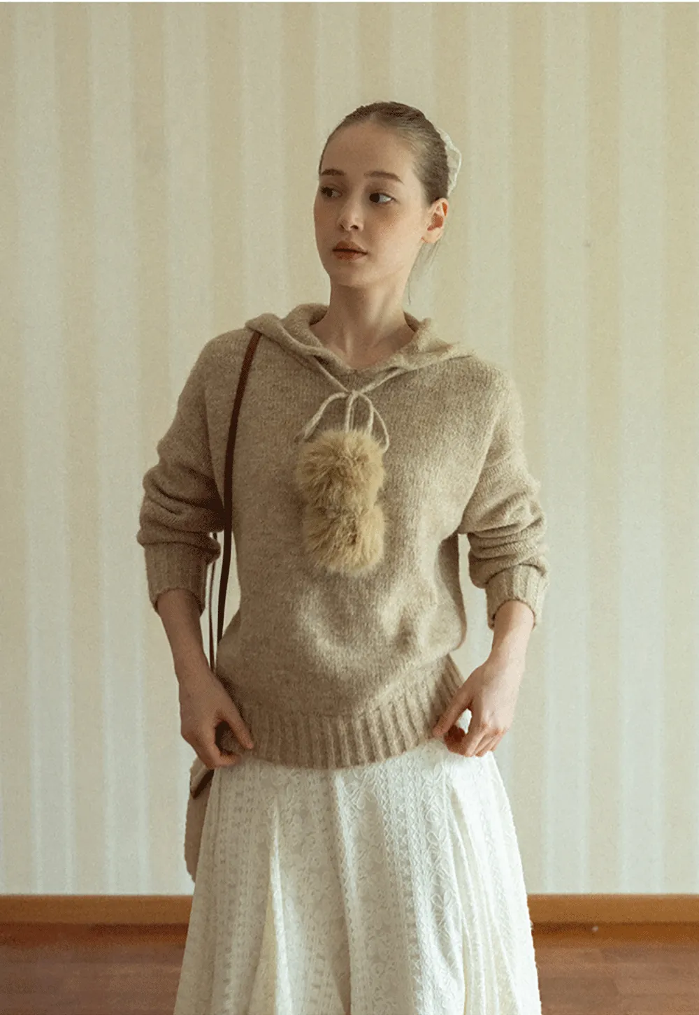 Pom-Pom Hooded Knit Sweater