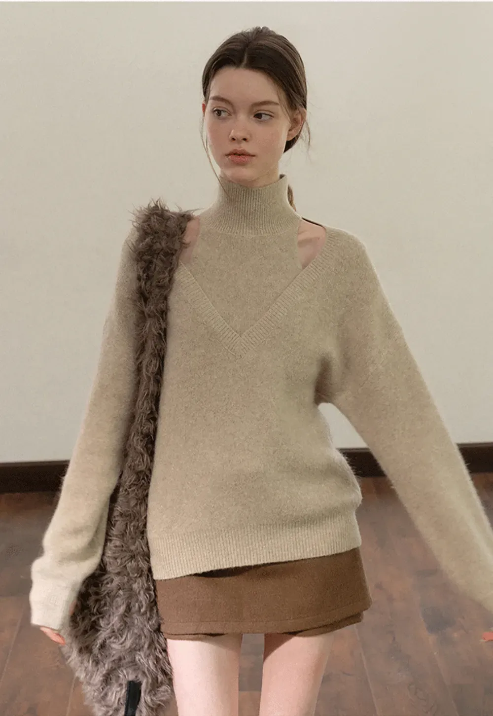Cut-Out Layered Turtleneck Sweater