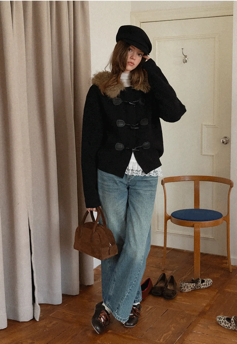 Women White Lace Trim Mock Neck Long Sleeve Top