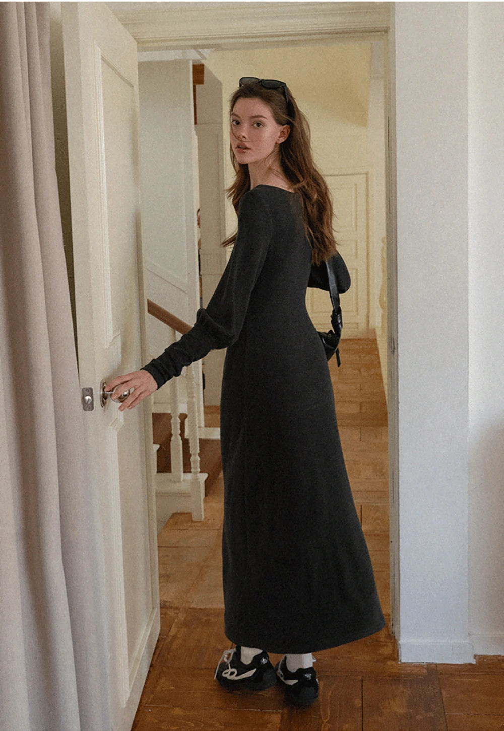 Women Long Sleeve Maxi Dress in Dark Gray