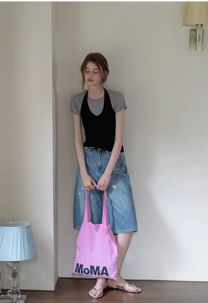 Women’s Distressed Wide-Leg Denim Bermuda Shorts