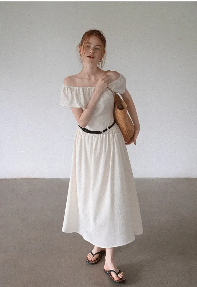 Women’s Off-Shoulder Ruffle Belted Midi Dress
