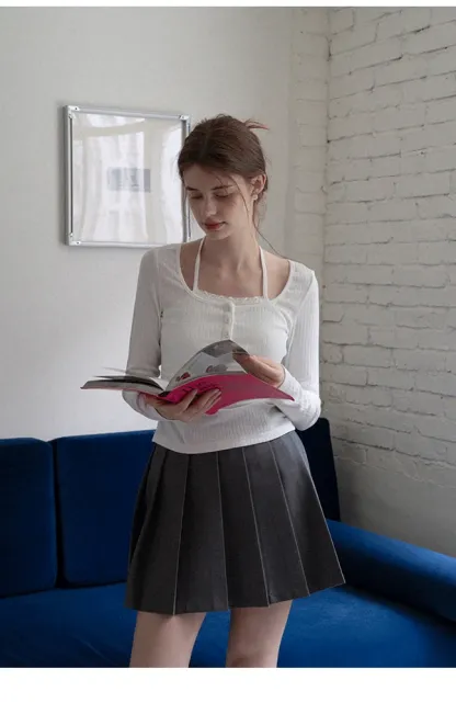 Long Sleeve Square Neck Halter Crop Top