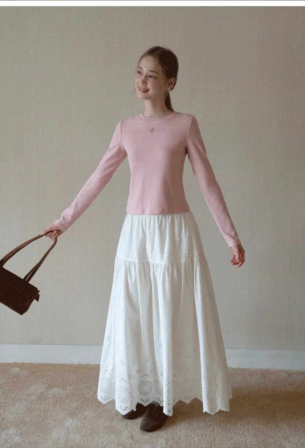 Womens Pink Fitted Long Sleeve Tee