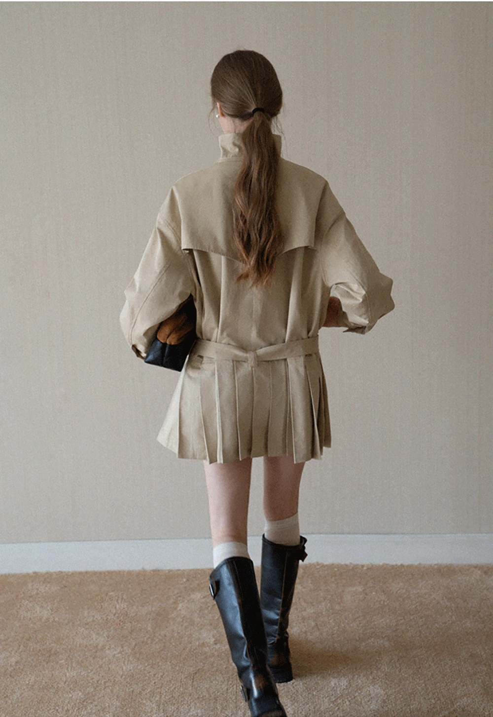 Womens Khaki High Neck Pleated Hem Trench Coat