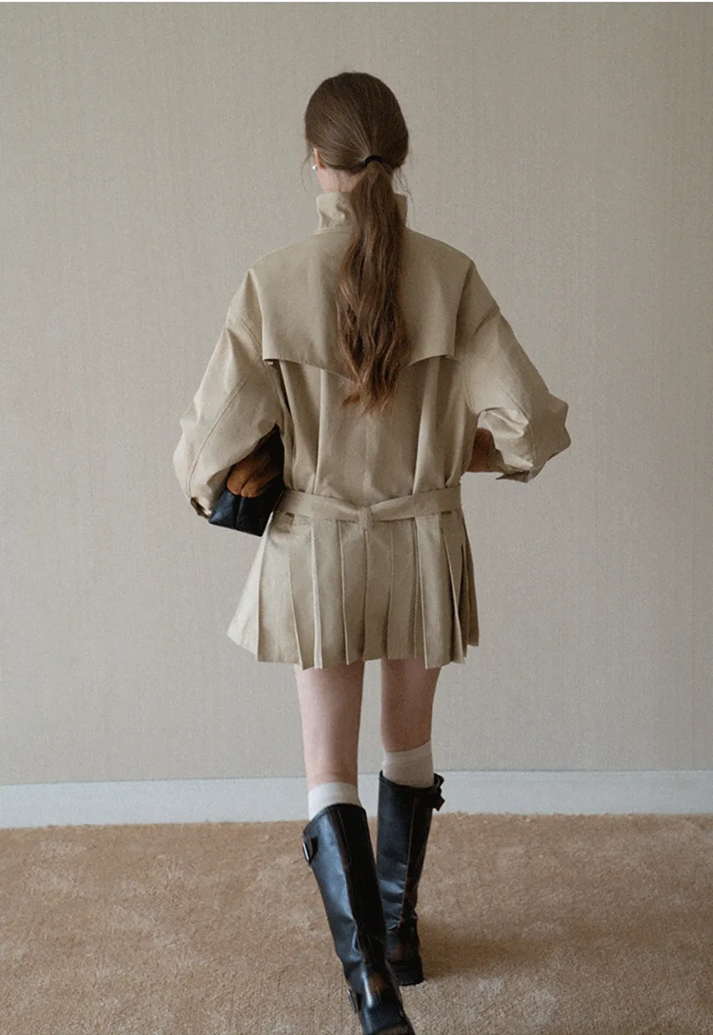 Womens Khaki High Neck Pleated Hem Trench Coat