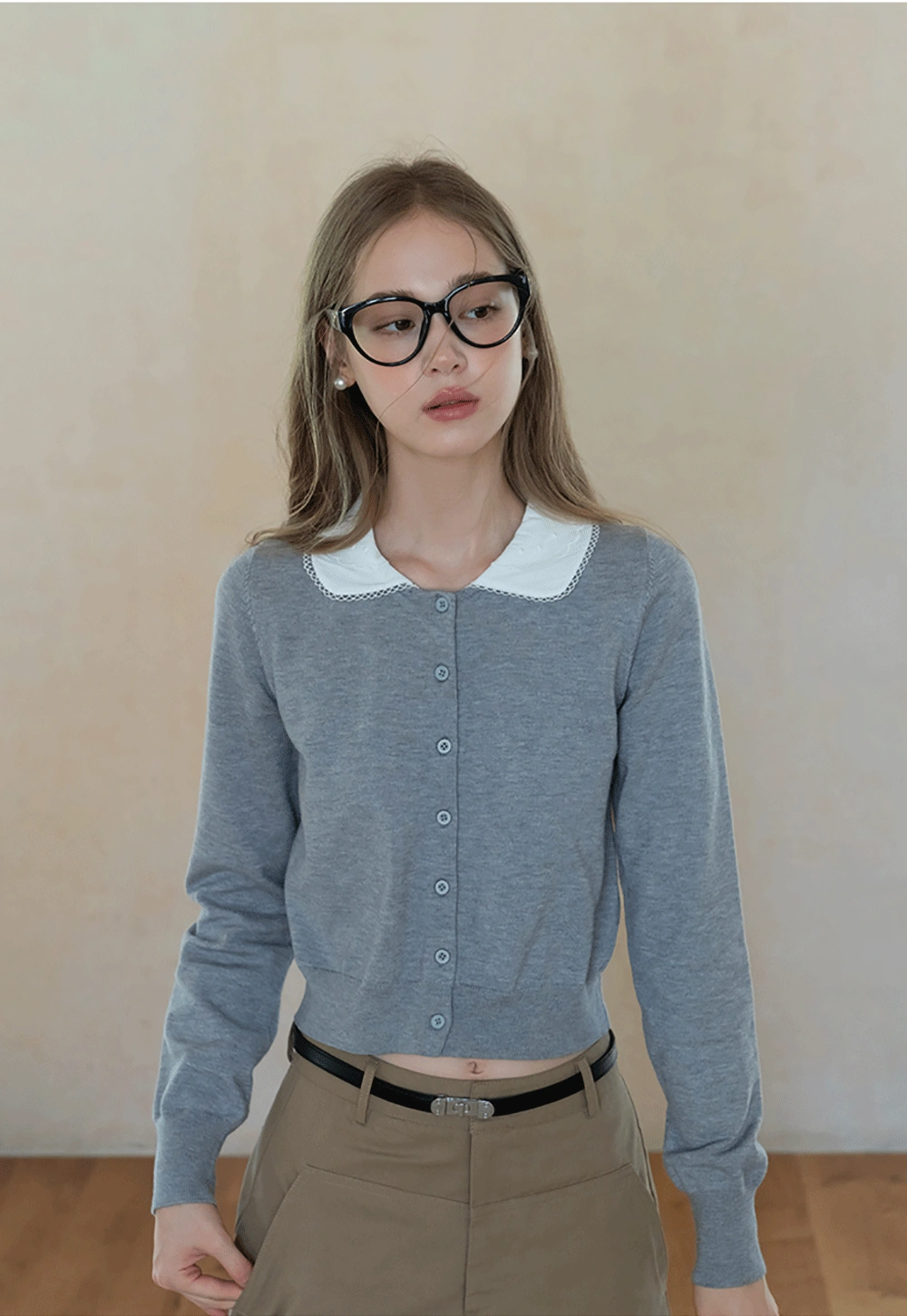 Womens Knit Cardigan with White Peter Pan Collar