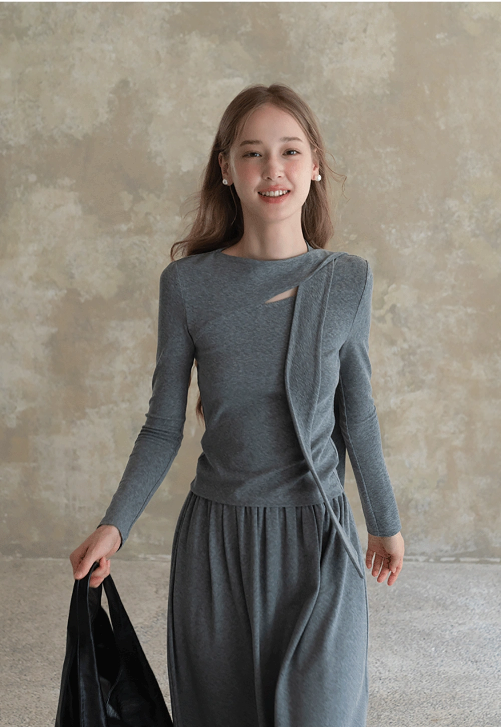 Relaxed Grey 2 Piece Outfit Long Sleeve Tee and Skirt