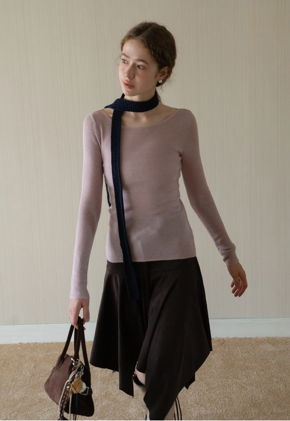 Womens Long Sleeve Knit Shirt with Tie Detail