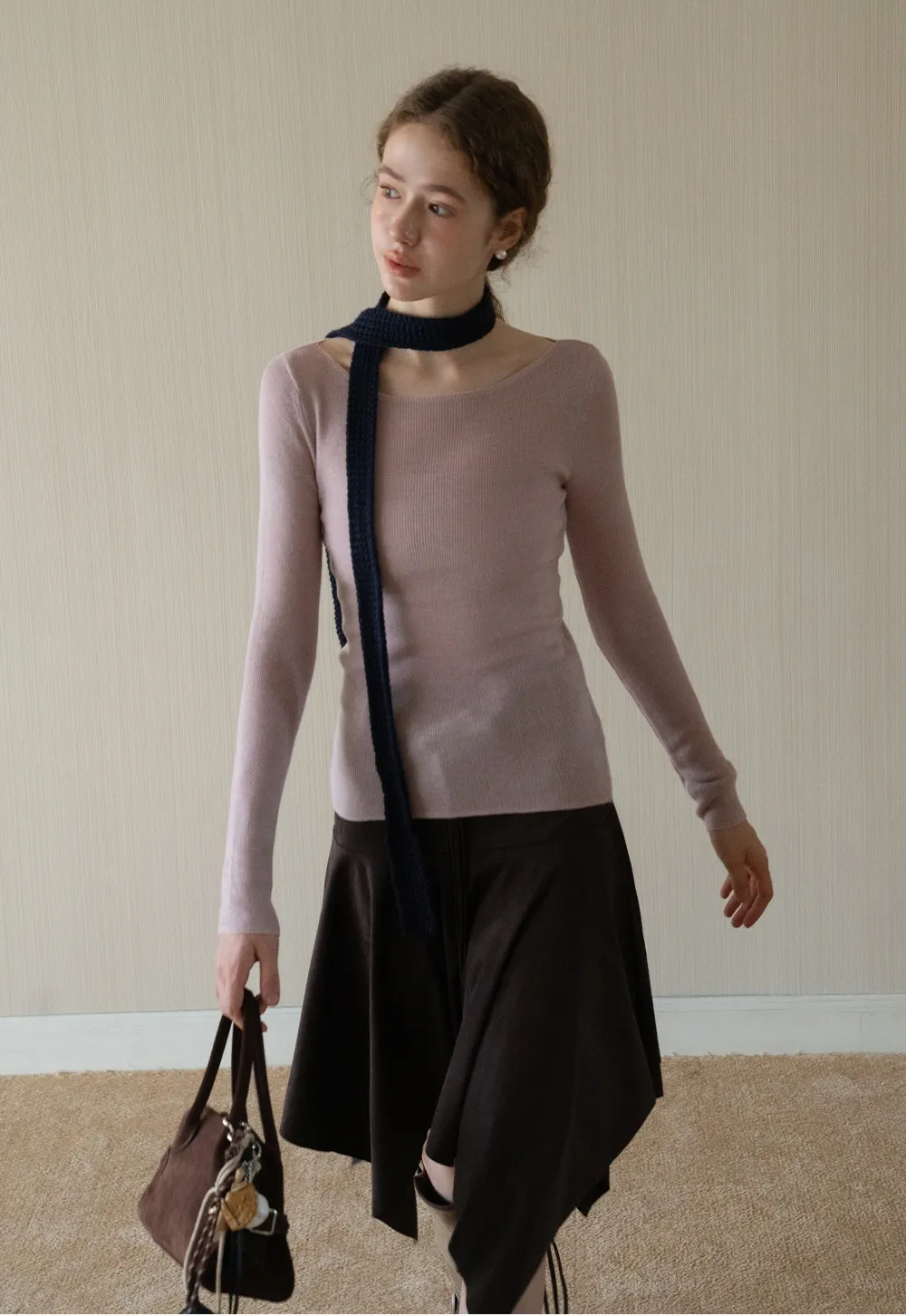 Womens Long Sleeve Knit Shirt with Tie Detail