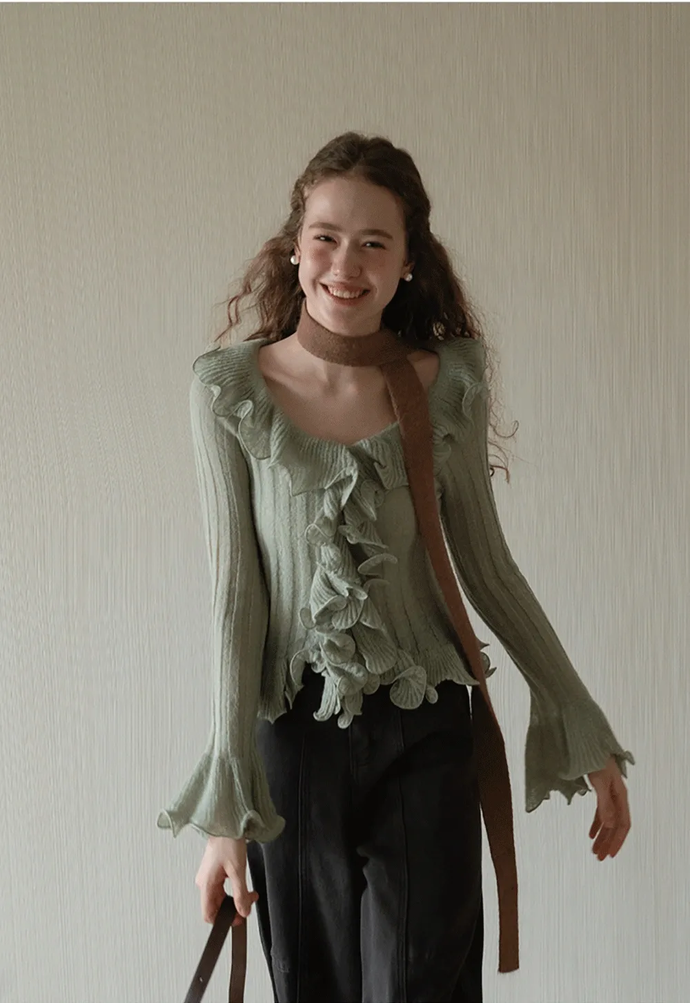 Womens Ruffle Hem Flared Sleeve Knit Top