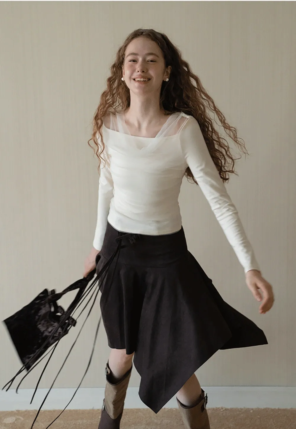 Women Mesh Patchwork Cowl Neck Top