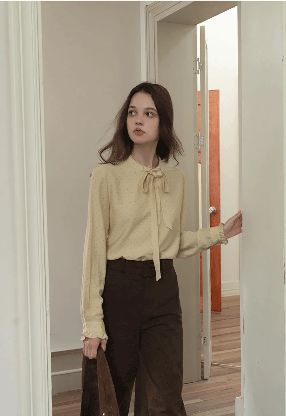 Womens Polka Dot Ruffle Trim Blouse with Bow Tie Neck