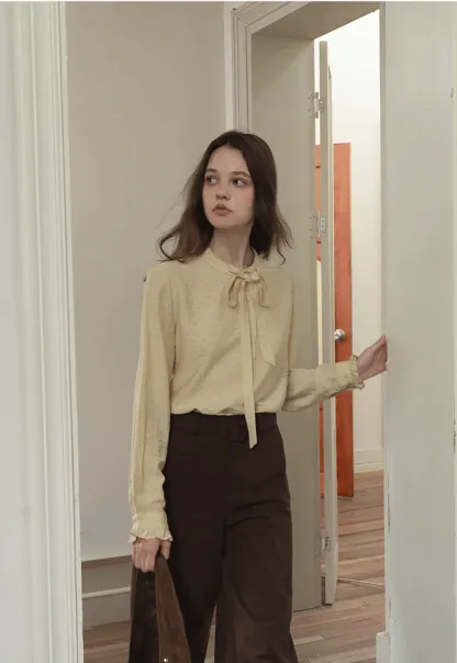 Womens Polka Dot Ruffle Trim Blouse with Bow Tie Neck