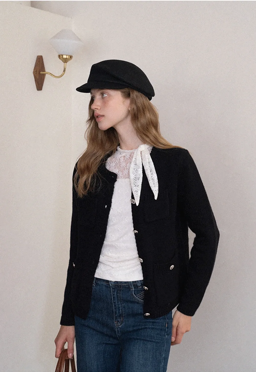 Lace Tie Neck Long Sleeve Blouse