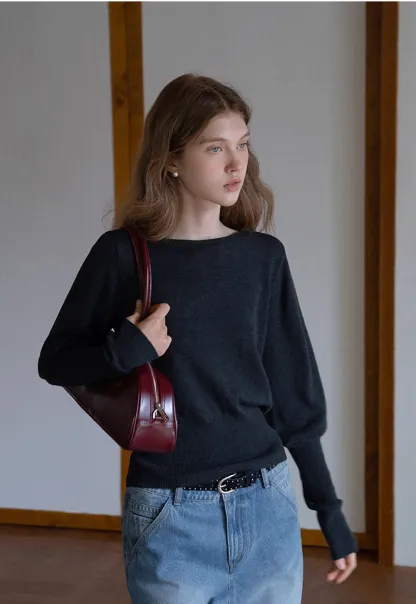 Casual Basic Knitwear, Classic Round Neck Long Sleeve Top